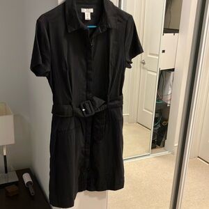 H Halston Like New Black Button Down Shirt Dress-linen blend, S